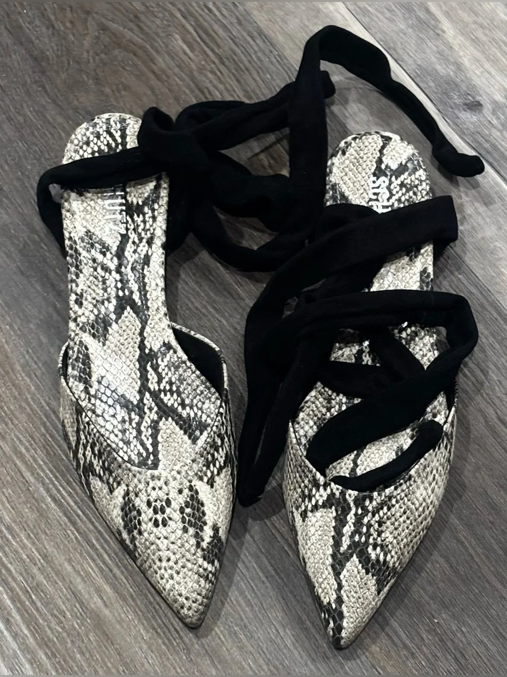 NIB Schutz Barbrah Snake Print Tie Ankle Ballet Flats Black Gray 9.5 Balletcore